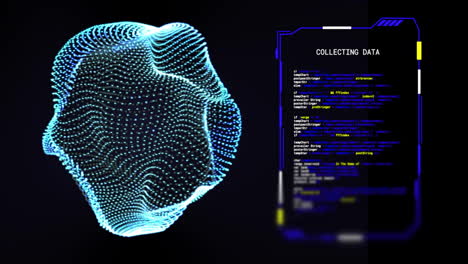 animation of glowing 3d network and interface collecting data on black background