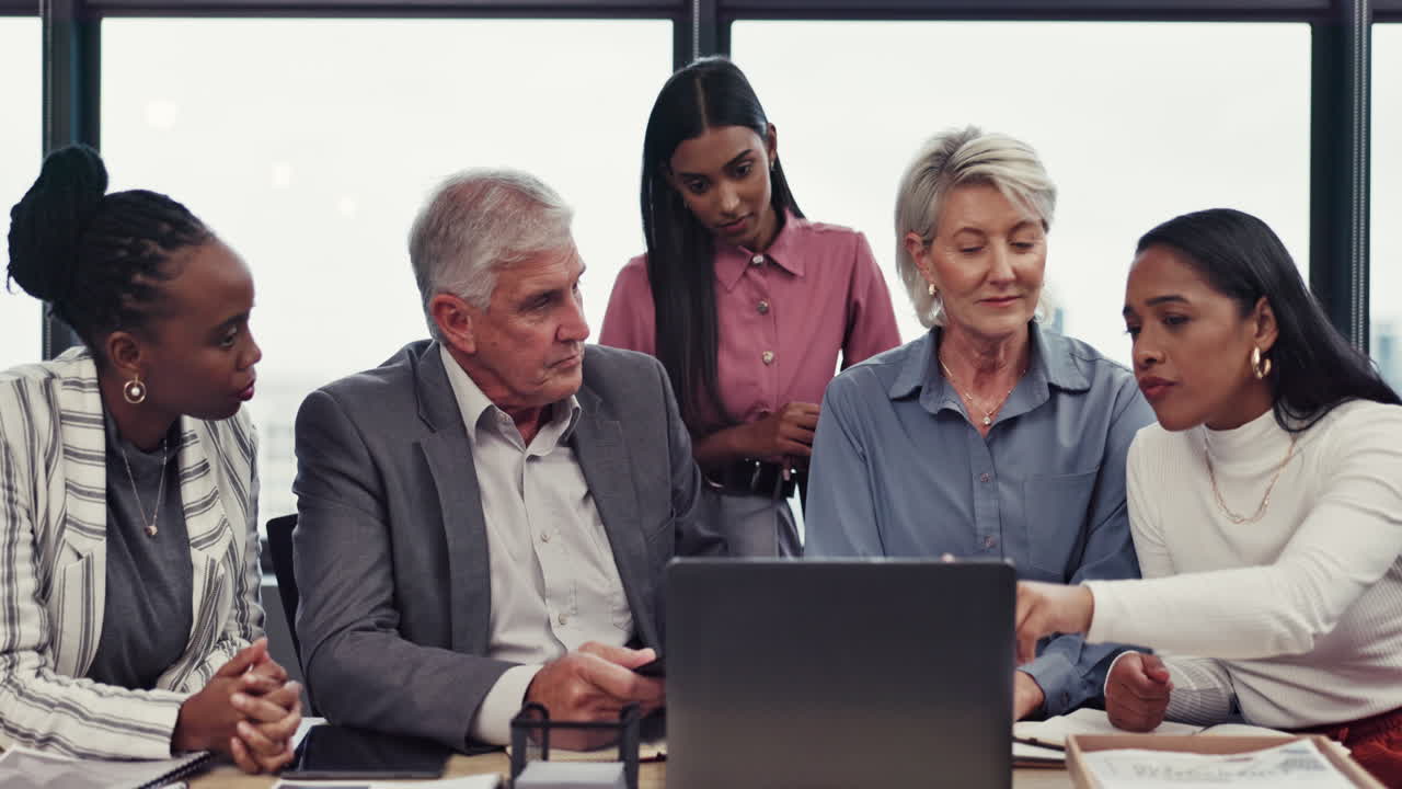 Computer, meeting and business people talking