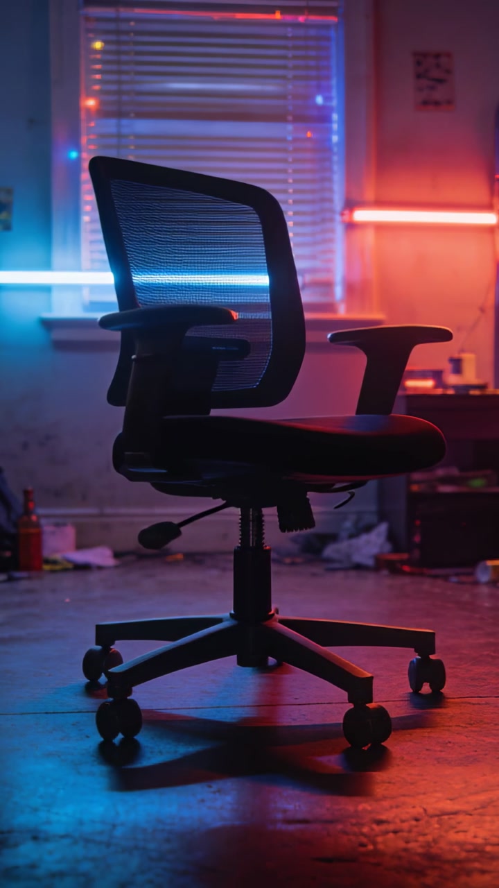 Vertical video: Rotating mesh chair on casters in dim studio responding to pulsing red floor ring