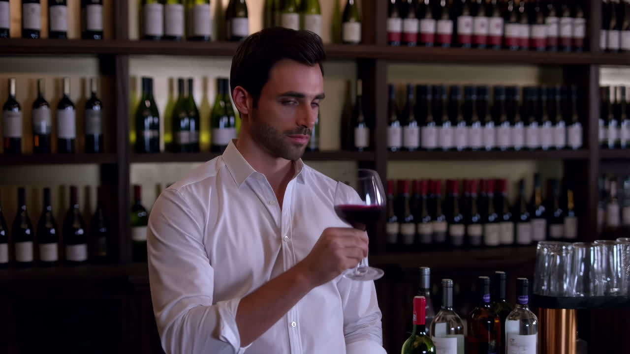Uomo che degusta vino rosso in una cantina vinicola