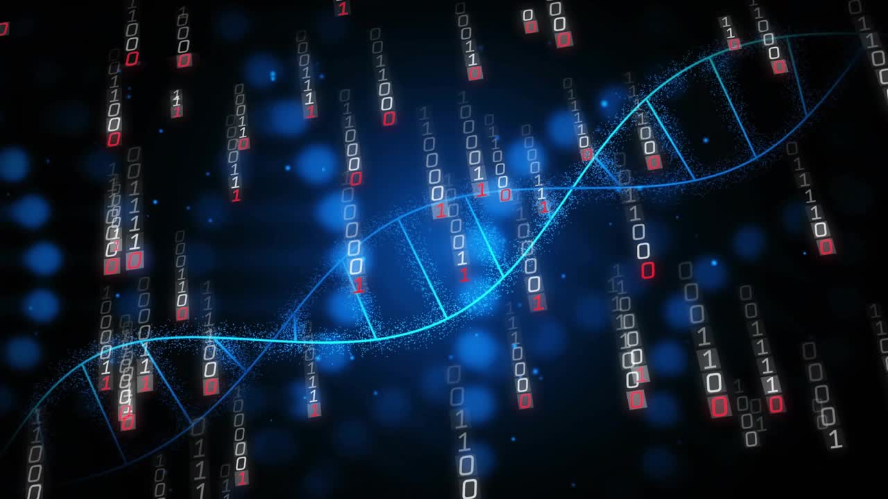 Glowing line appearing and forming helix while binary streams cascading rotating showing data spine