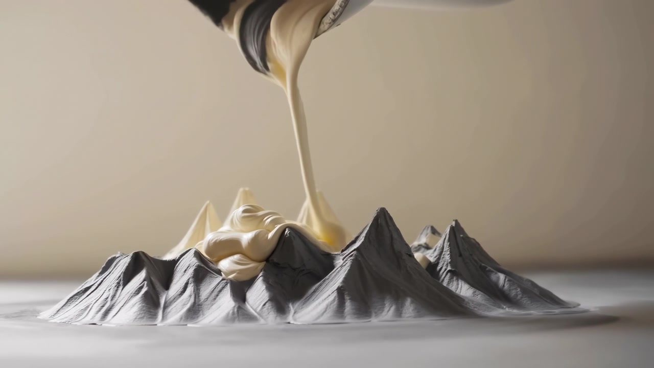 A thick pale liquid stream pours from above onto a reflective miniature mountain landscape, forming smooth folds and glossy textures under soft studio lighting