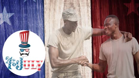 Animation-of-4th-of-july-text-with-soldiers-shaking-hands-over-american-flag