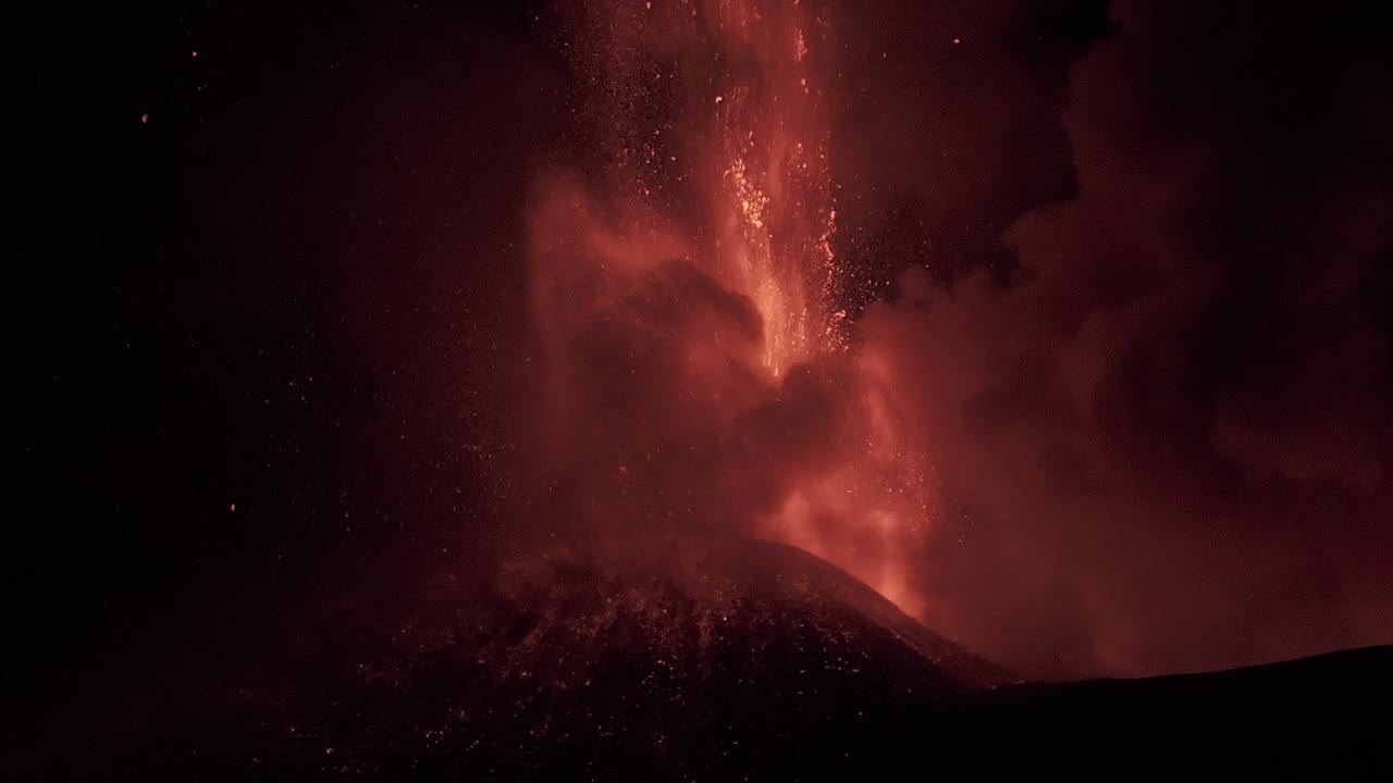 Active Volcano Eruption at NIght, Red Lava. Vapor and Ash From Mount Etna, Sicily Italy