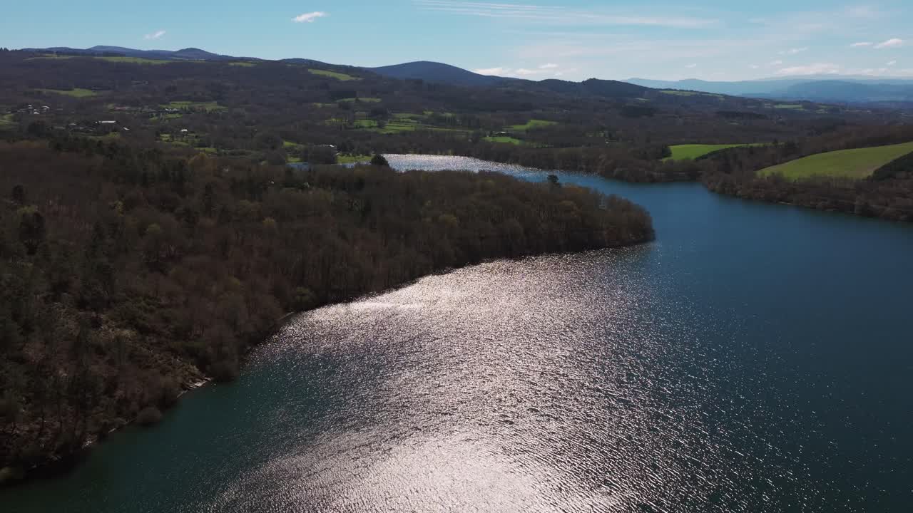Vilasouto Reservoir Along Rio Mao At Sunrise In O Incio, Spain. Aerial Drone Shot