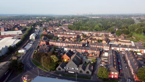 warrington town centre outskirts aerial view above industrial canal suburban roads and houses skyline