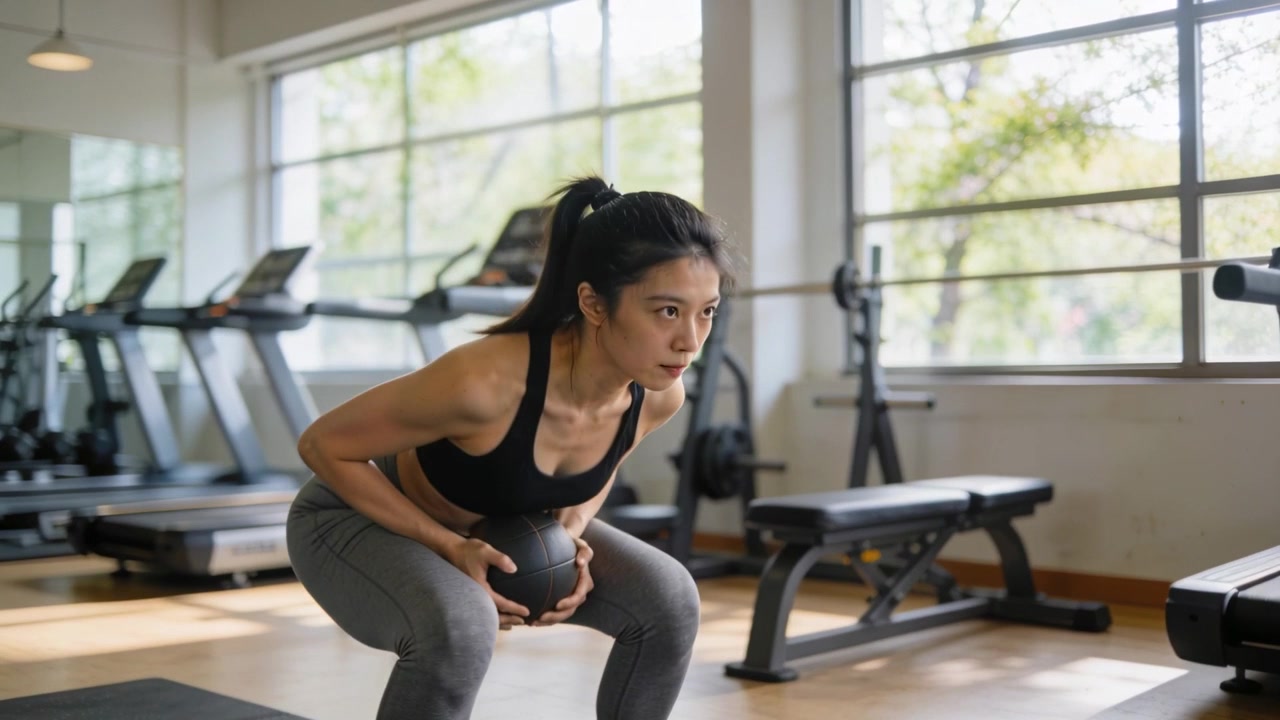 Iniziando lo squat, donna in reggiseno sportivo e leggings che fa squat con palla medica in palestra per la forza