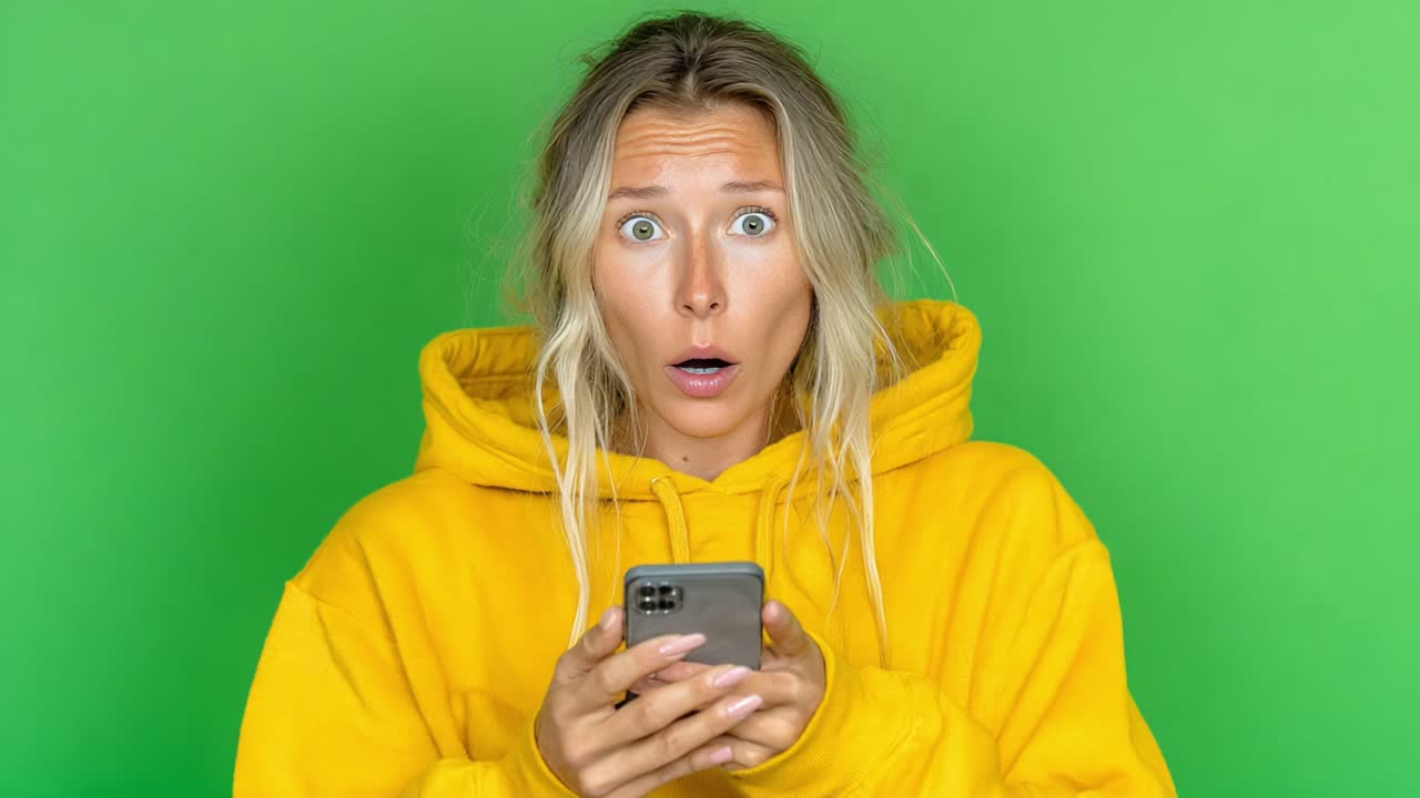 A Surprised Woman in a Yellow Hoodie Reacting to Something on Her Smartphone Against a Vibrant Green Background in Two Distinct Frames