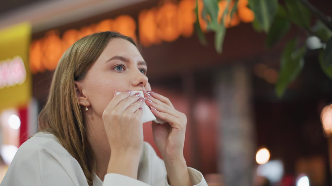 젊은 소녀가 식탁에서 킨으로 입을 고 있는 클로즈업, 따뜻한 보케 조명과 눈에 보이는 문구가 있는 부드러운 흐릿한 배경