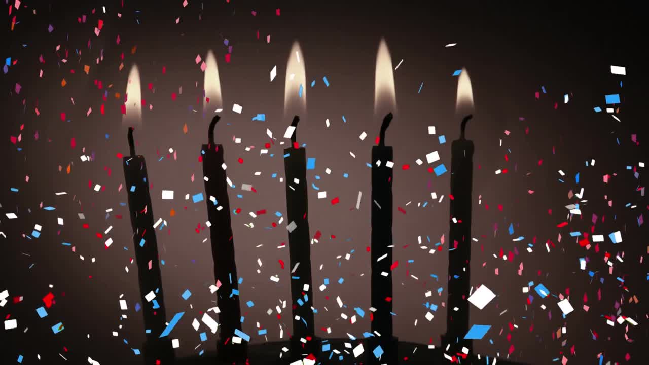 composición digital de confeti colorido que cae sobre velas encendidas contra un fondo gris