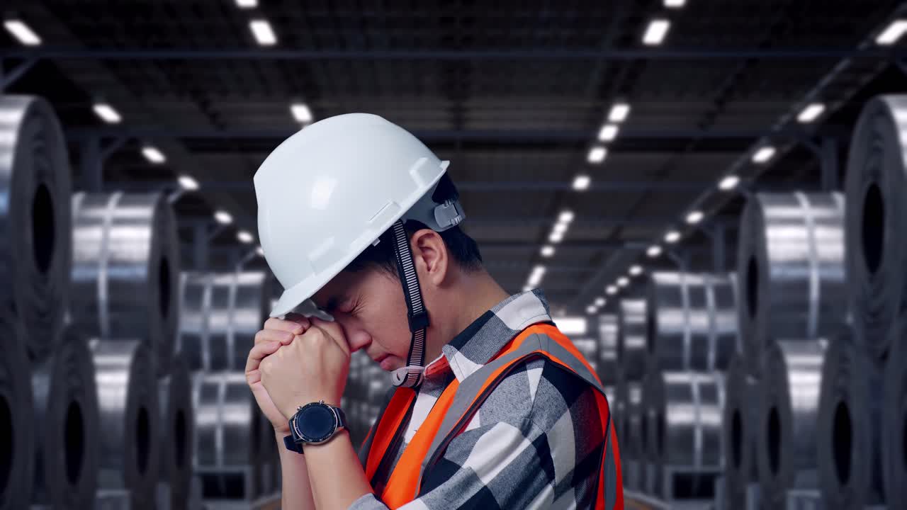 Primer plano lateral de un ingeniero asiático con casco de seguridad orando por algo mientras está de pie junto a pilas de enormes bobinas de acero.