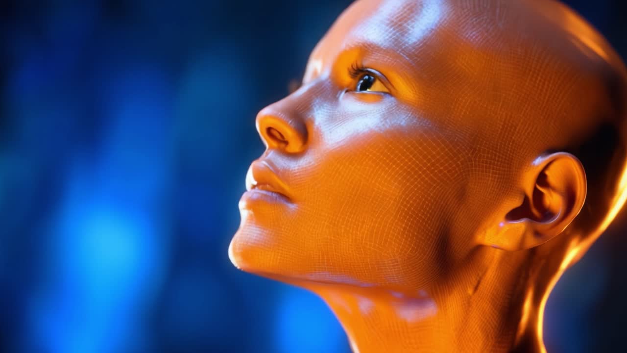 Uno studio straordinario di una figura futuristica, astratta e antropomorfa illuminata da luce dinamica in un'esplorazione visiva di forma e texture.