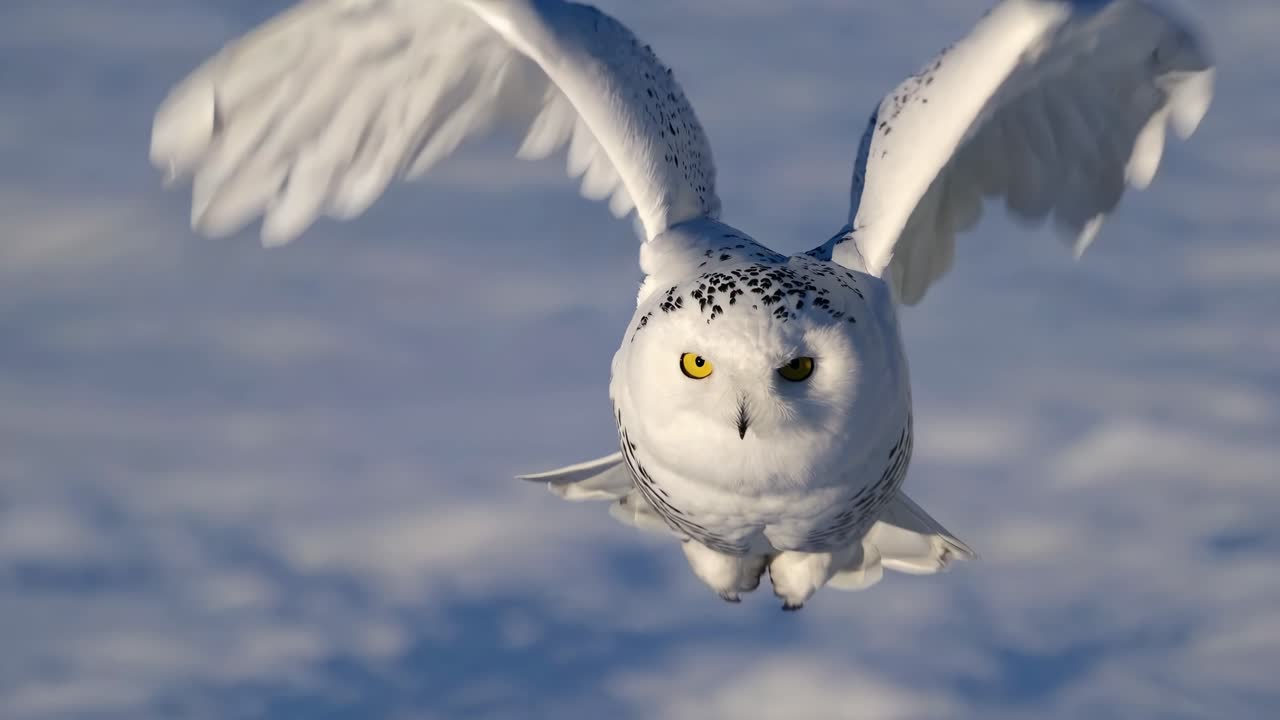A snowy owl captured mid-flight, directly facing the camera