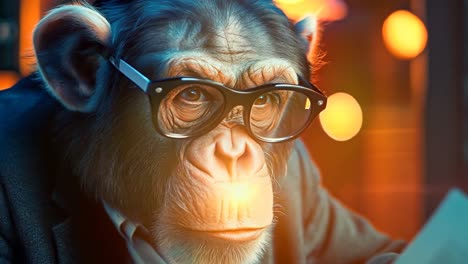 a chimpanzee wearing glasses reading a newspaper