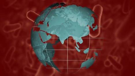Animation of digital globe rotating over biological cells floating on brown background