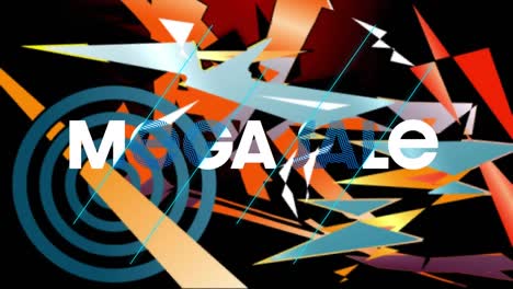 animation of mega sale in white text over collage of dynamic graphic shapes