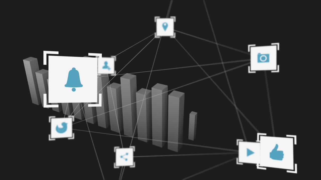 animación de la red de conexiones con íconos y procesamiento de datos estadísticos sobre fondo negro