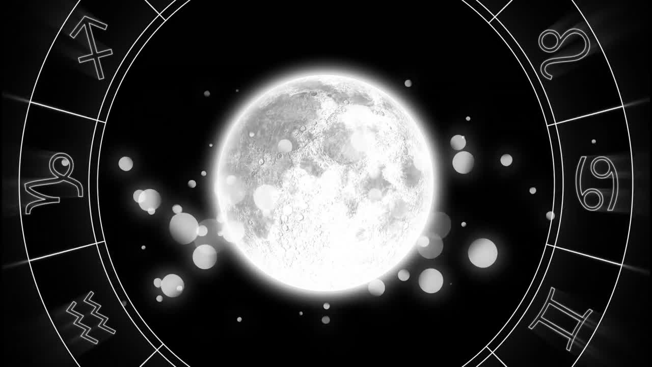 animación de la rueda giratoria del signo estelar con el planeta y las estrellas brillantes