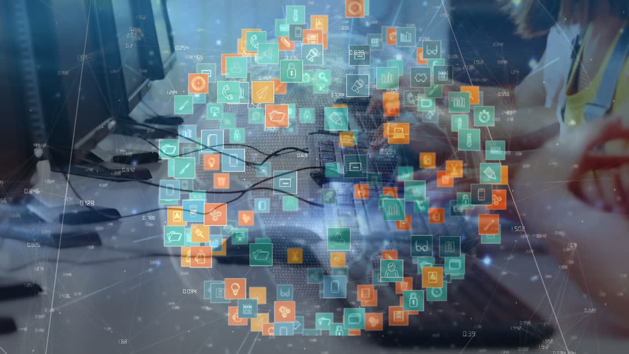 animación de iconos de medios sobre diversos escolares que utilizan computadoras