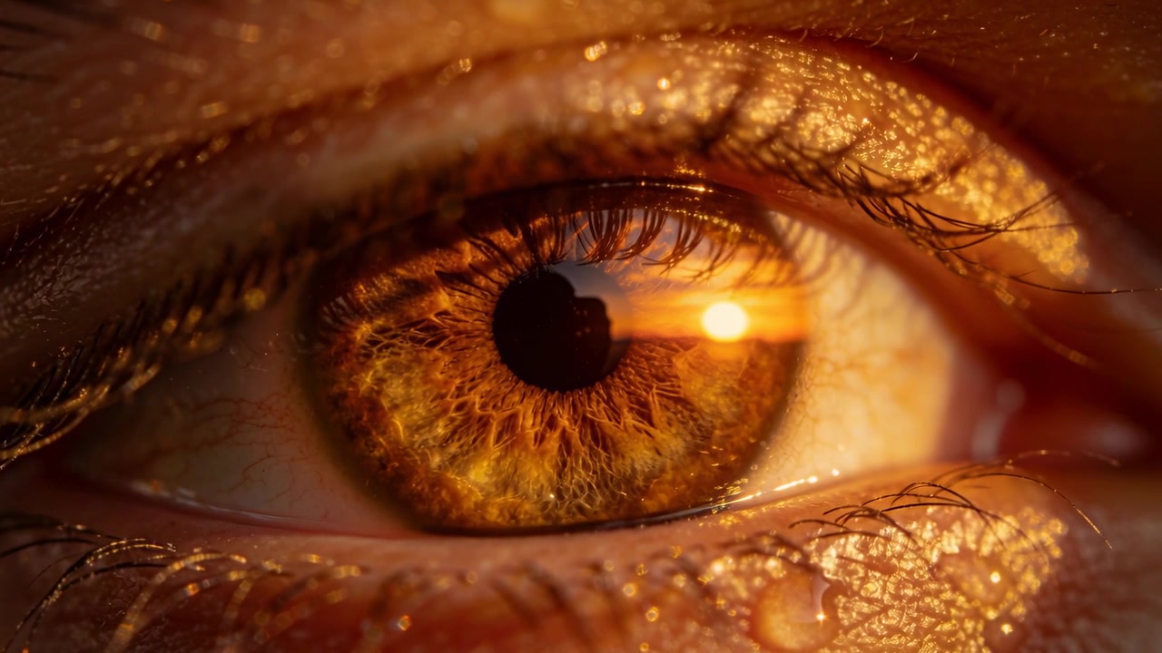 Occhio umano che reagisce, tracciando piccoli movimenti in primo piano al riflesso del sole sulla cornea, con una lacrima che si forma.