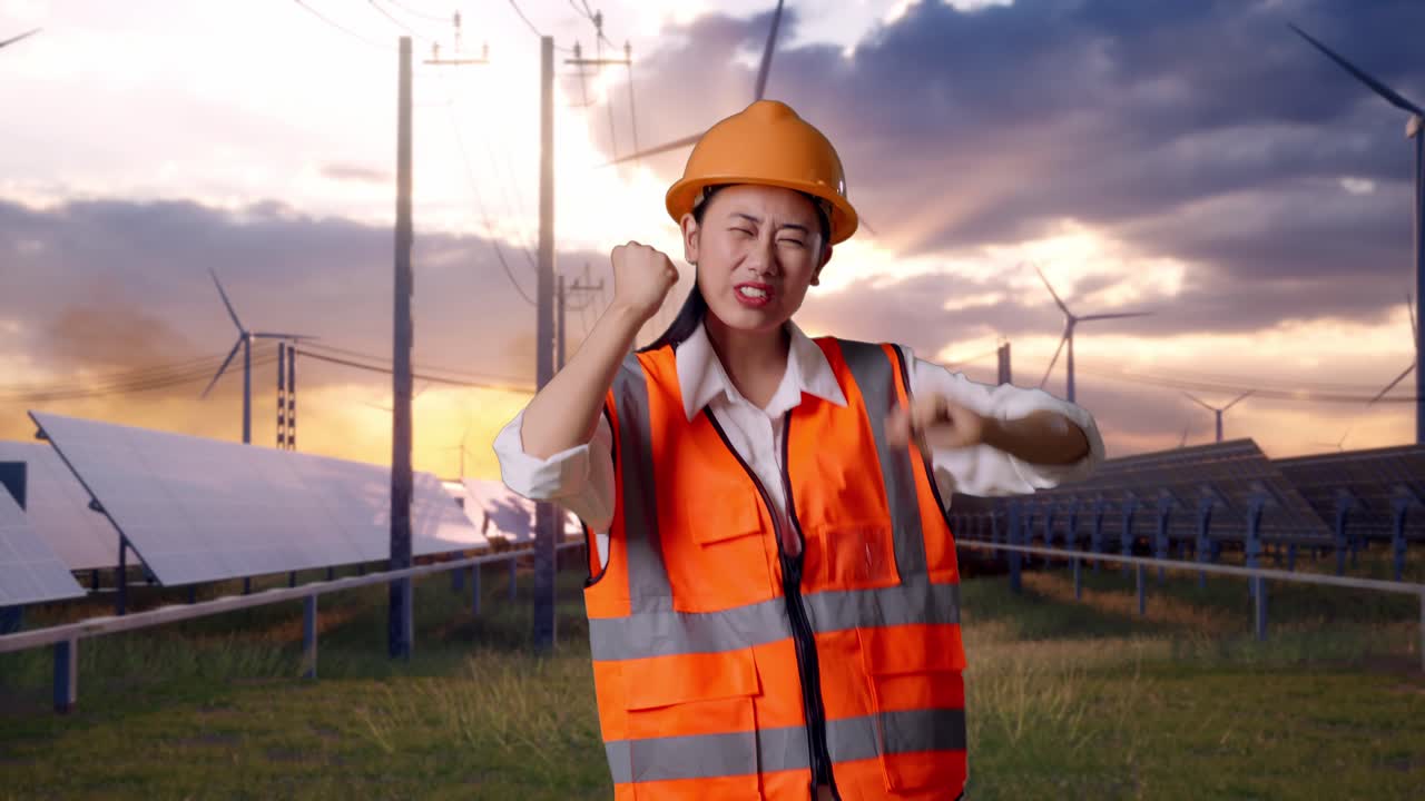 Asian Female Engineer With Safety Helmet Screaming Goal And Dancing Celebrating With Solar Panel and Wind Turbines