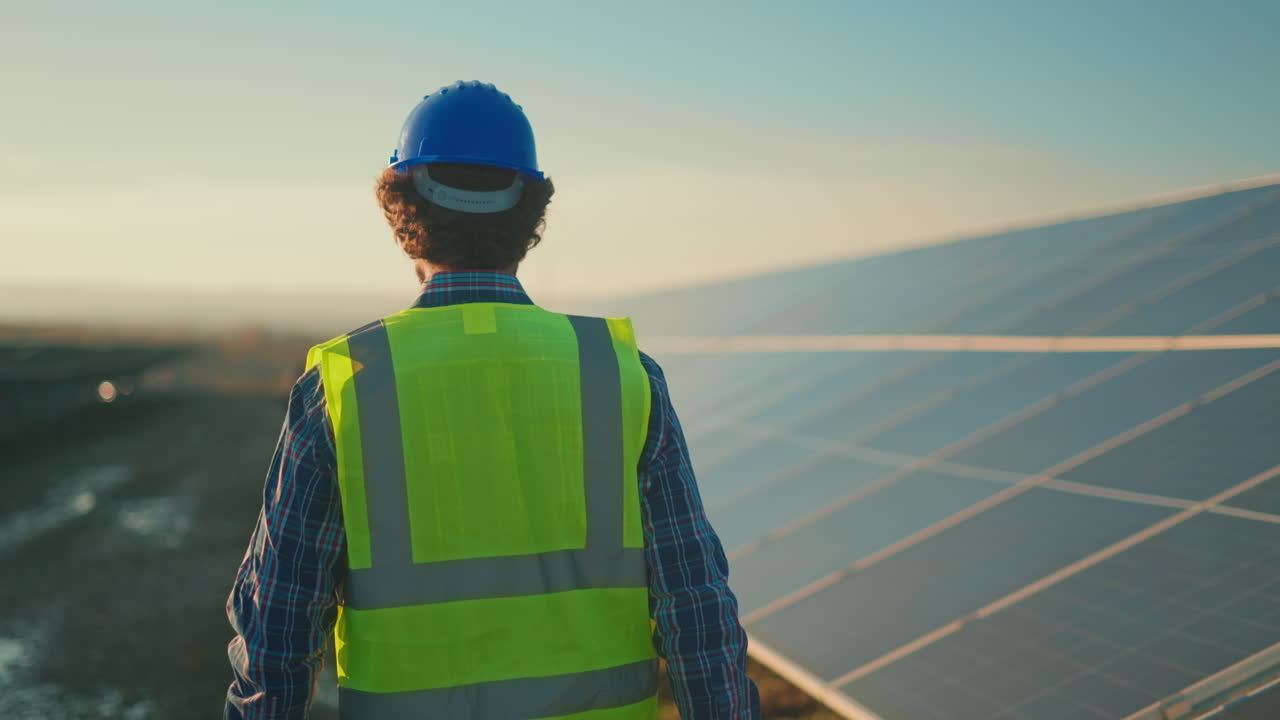 Engineer Inspecting Solar Panels in a Solar Farm