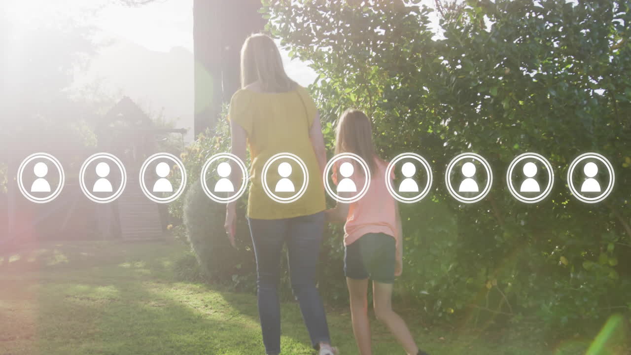 정원에서 산책, 소셜 네트워크 연결, 사람들의 애니메이션