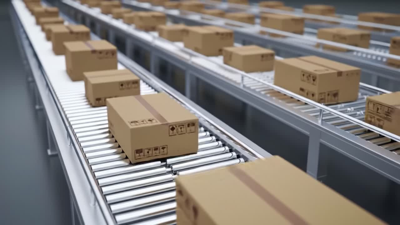 Automated Warehouse System Handling Packages on Conveyor Belt with Efficient Sorting and Delivery Solutions to Optimize Logistics Operations