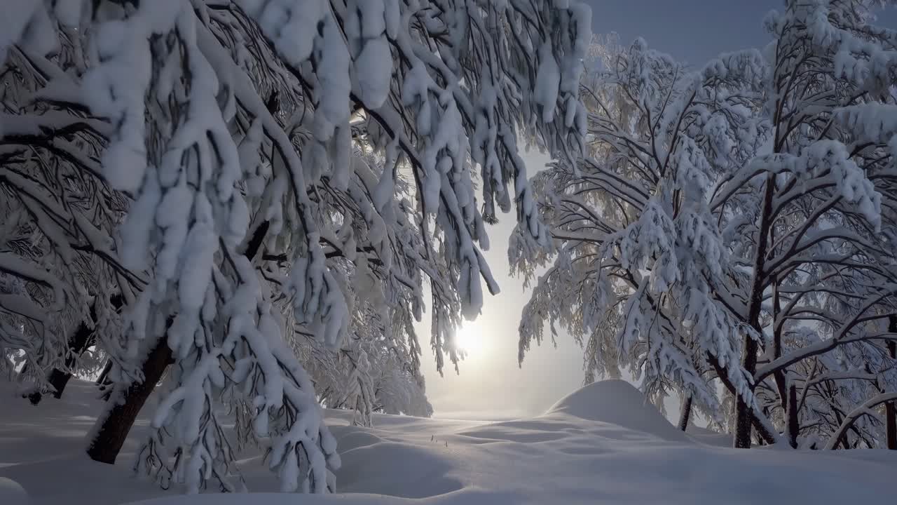 A serene winter landscape video featuring snow-laden trees. Captured from a low angle, it highlights