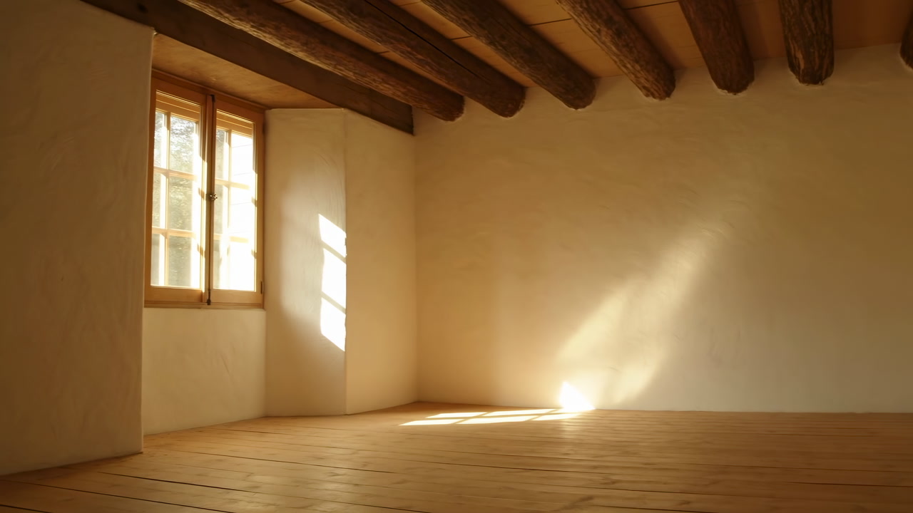 Sunlit Empty Wooden Room Bathed In Warm Light, Rustic Exposed Beams And Smooth Plaster Walls, Wide Casement