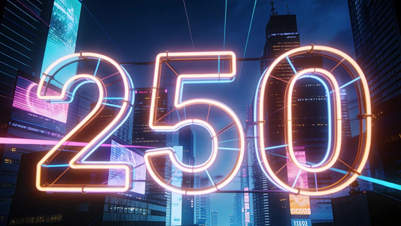 Un 250 con contorno al neon pulsante che risplende sopra grattacieli futuristici di notte, con raggi che convergono sulle cifre.