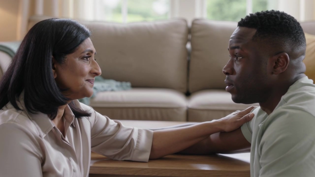Reaching beige-bloused mother touching green-shirted adult-son, comforting him at low coffee table