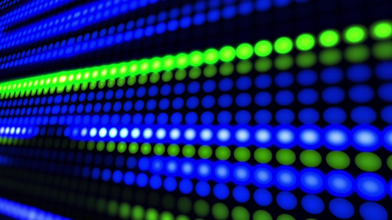 Globe appearing right, rotating and centering while LED dots scrolling, creating looping broadcast