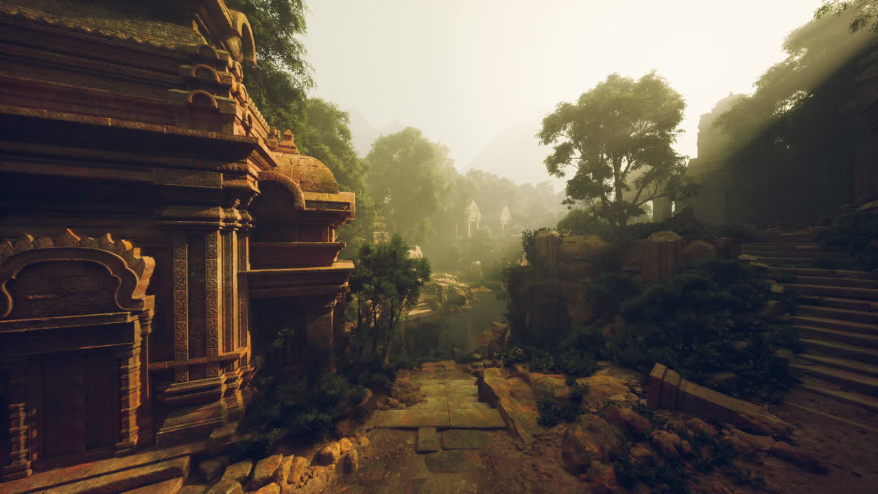 Bright sun illuminates weathered stone carvings and mosscovered steps