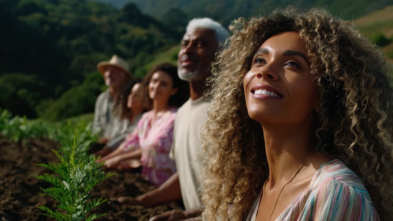 Diverse group planting young plants on a farm