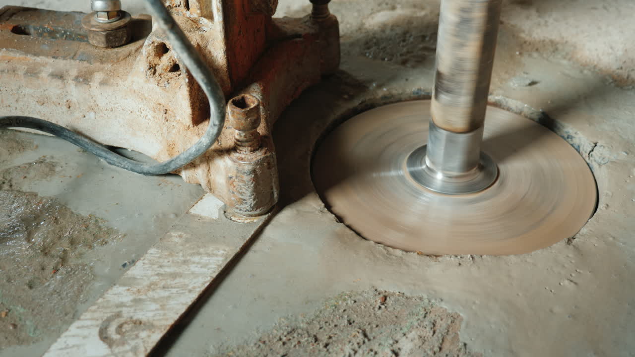 el constructor perfora agujeros en la cortina de hormigón para colocar tuberías de ventilación y fontanería