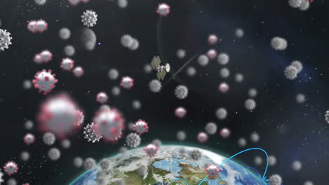 animación de un globo con satélites y células macro covid-19 flotando en el espacio