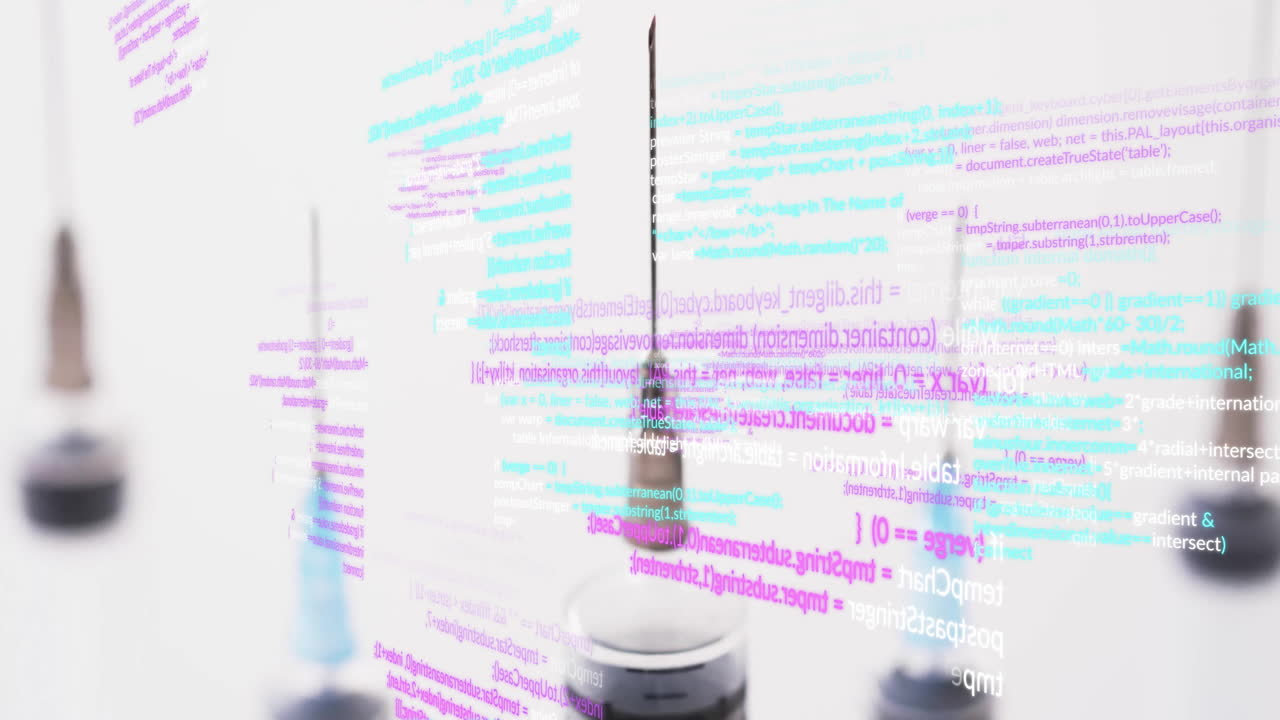 Animation of scientific data processing over syringes on white background