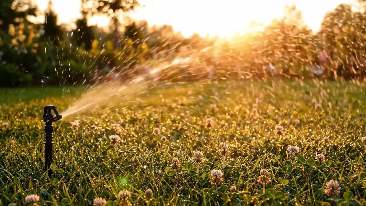 Una gloriosa scena al tramonto con un irrigatore da giardino che spruzza acqua su un prato verde lussureggiante con fiori di trifoglio che brillano alla luce del sole