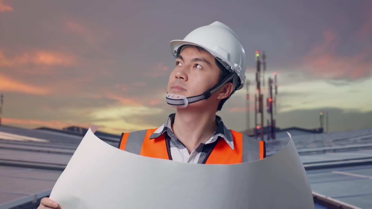 Close-up de engenheiro asiático com capacete de segurança olhando para a planta em suas mãos e olhando ao redor enquanto está em pé e inspecionando painéis solares no telhado