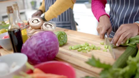 sección media de una pareja afroamericana en delantales cortando verduras en la cocina, cámara lenta