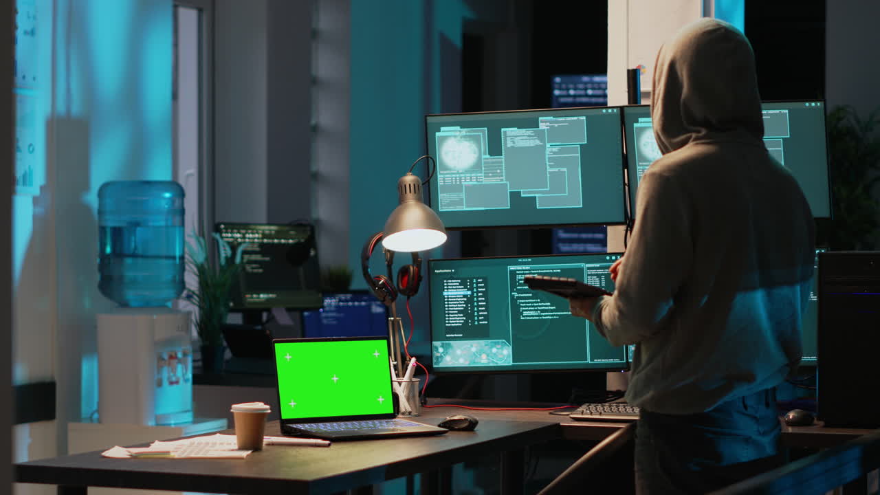Hacker working on multiple monitors with green screen laptop