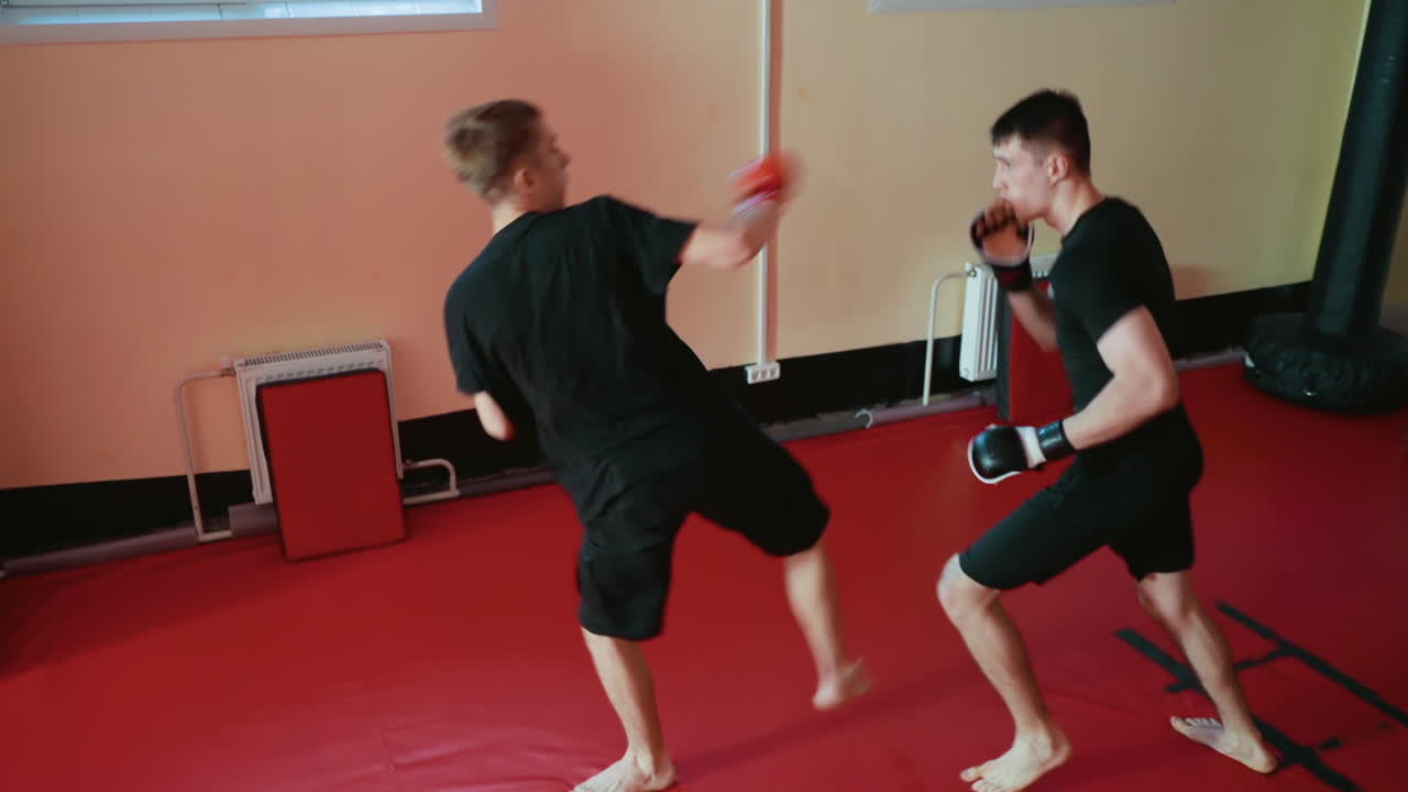 Wrestlers practicing sparring inside gym, one with red gloves defending stance while other advances with focused intensity, showcasing combat skills, endurance, discipline, concentration, physical strength
