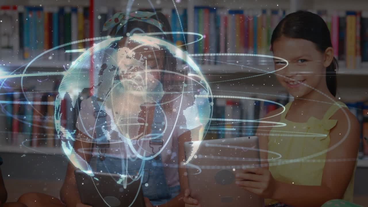 Two child girls tapping tablets and initiating 3D globe orbiting lines for interactive learning