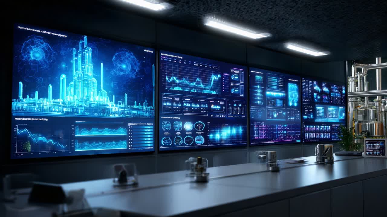 Futuristic Data Analysis Environment Displaying Complex Analytics and Metrics Through High-Tech Monitors in a High-Tech Laboratory Setting, Fusing Science and Technology for Advanced Insights