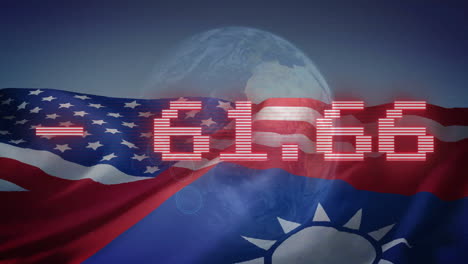 digital number animation over waving usa and taiwan flags with earth in background