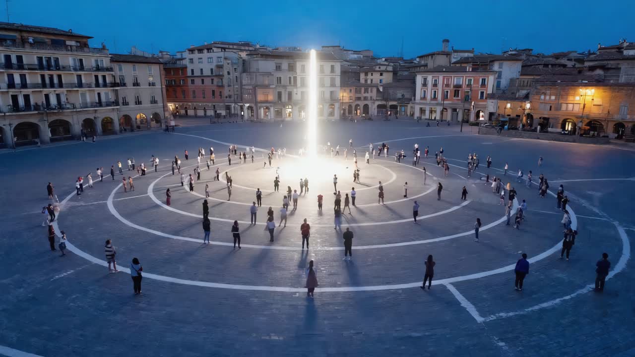 Illuminated sculpture in an urban square at night