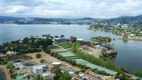 Drone-Flyover-Popular-Landmark-MONA-Museum-In-Hobart-Under-Construction,-4K-Tasmania