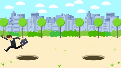 business man jump over the hole. background of town. risk concept. loop illustration in flat style.