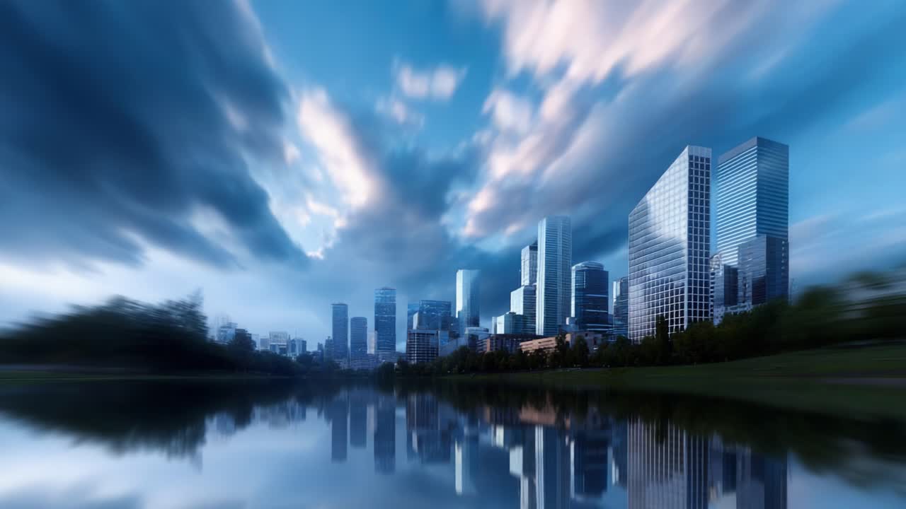 Splendido paesaggio urbano riflesso in acque tranquille sotto un cielo spettacolare, catturato in due inquadrature per rivelare la bellezza dell'architettura moderna e della natura